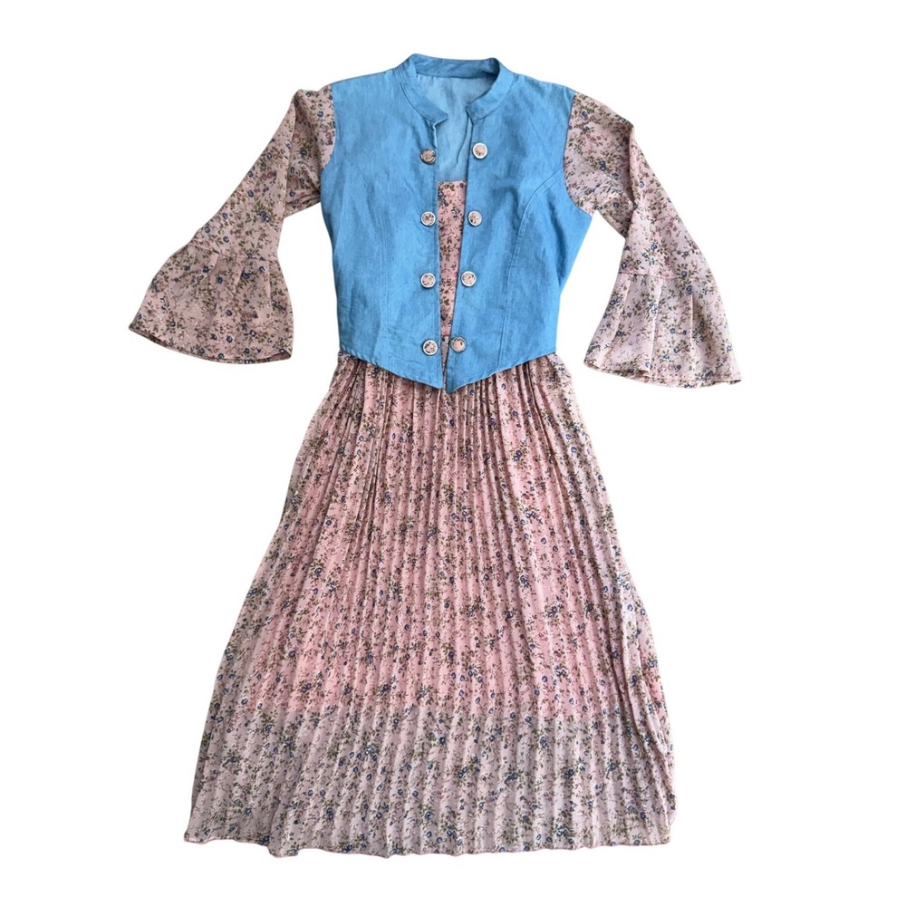 Vtg‎ Cottage Prairie Midi Dress Floral Denim Mixed Media Bell Sleeve S Handmade